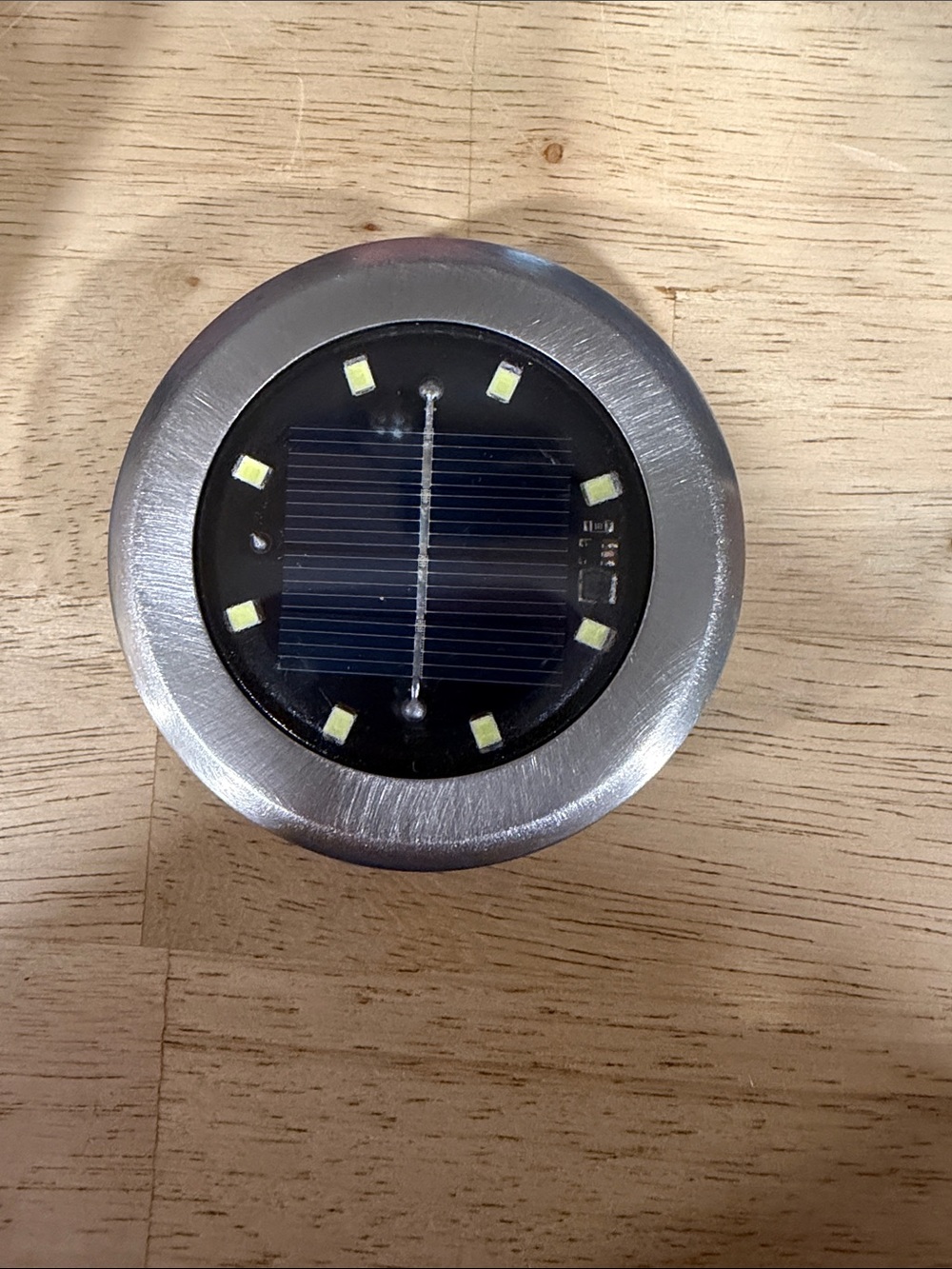 Solar-Powered Round LED Deck Light in Brushed Silver set of 8